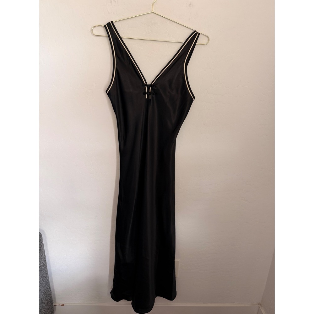 Jones New York Black Satin Slip Dress V-Neck Contrast Trim Midi Small Vintage